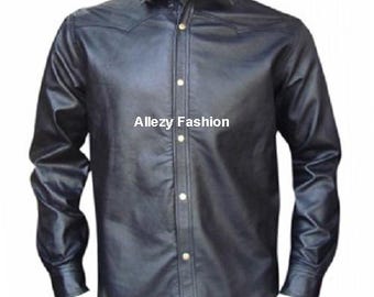 May include: Black leather shirt with long sleeves, a collar, and button-up front. The shirt has a classic design with a Western-style yoke and the text "Allezzy Fashion".
