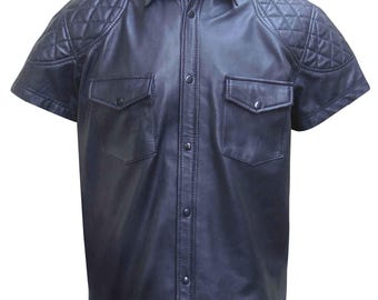Men's Black Leather Shirt - Sheep Nappa, Quilted Shoulders, Custom Made