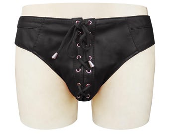 Black Leather Lace-Up Briefs – Open Back Underwear