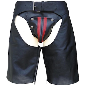 May include: Black leather chaps with a belt closure and silver buckle. The chaps feature a front panel with red stripes and silver rivets. The legs have zippers on the sides.
