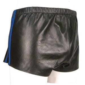 Men's Leather Shorts with Blue Strip football shorts Custom Made To Order BSHN003 Festival Style Biker Shorts | Handmade Leather shorts