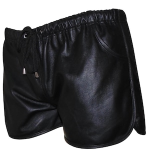 Black Leather Shorts with elastic waistband and Drawstring closer - Custom Made To Order BSHN014 | Handmade leather short shorts in black