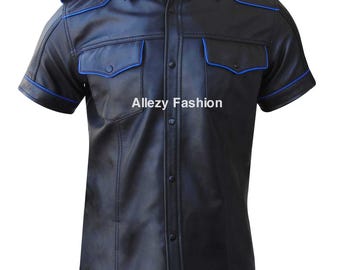 May include: Black leather short-sleeve shirt with blue trim and two chest pockets. The shirt has a button-up front and epaulets. The text "Allezy Fashion" is printed on the shirt.