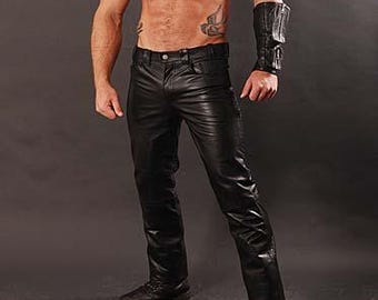 Men’s Black Leather Jeans Style Trousers – Custom Made to Order Leather Pants (GJSJ001)