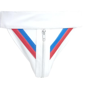 Men&#39;s White Leather Jockstrap With blue & red straps at front sexy jock strap gay leather jockstrap - Custom made to order