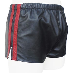 Men's Leather Shorts with Red Strip football shorts Custom Made To Order BSHN003 Festival Style Biker Shorts | Handmade Leather shorts