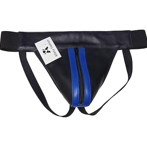 Men&#39;s Leather Jockstrap Jock Strap in Black with Blue Strips - Custom Made To Order ALJOC-072 Gay Leather Jockstrap Fetish Jock Strap
