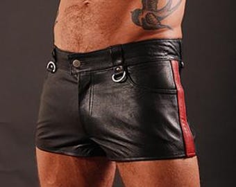 Men’s Hot Black Leather Shorts with Red Color Stripe  Custom Made to Order (BSHN010)