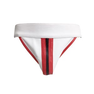 Men&#39;s White Leather Jockstrap With Red  straps & piping at front sexy jock strap gay leather jockstrap - Custom made to order