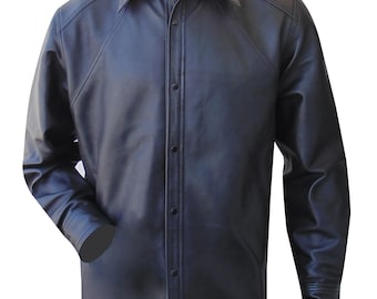 May include: A black leather shirt with a classic collar and button-up front. The long-sleeved shirt has a tailored fit and visible stitching details along the seams. The shirt is a solid black color.