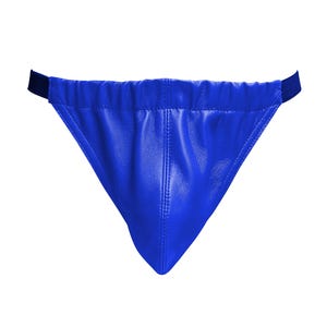 May include: A vibrant blue leather garment with a triangular shape. The item features a gathered waistband and a dark blue elastic band. The material has a smooth, slightly textured appearance, with vertical stitching details.
