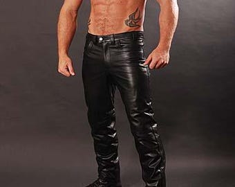Men’s Black Leather Jeans Style Trousers – Custom Made to Order Leather Pants (GJSJ002)