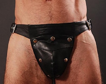 Jockstrap en cuir noir pour hommes avec clous, pochette amovible et boucle réglable JO-021