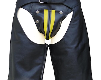 Men's Black Leather Chaps Shorts – Yellow Stripe, Custom Made