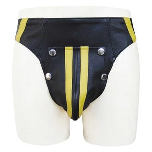 Mens Black Leather Jockstrap with Yellow strap Gay Leather Jock Strap Genuine Leather Jockstrap with Detachable Pouch - Custom made to order