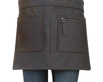 Personalized Short Leather Apron Bar Restaurant Bistro Style – Custom Logo, BBQ Chef Gift