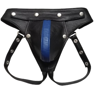 Mens Black Leather Jockstrap with Blue strap Gay Leather Jock Strap Genuine Leather Jockstrap with Detachable Pouch - Custom made to order