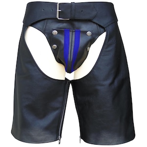 May include: Black leather chaps with a belt and buckle closure. The chaps feature a front panel with blue stripes and silver rivets. Zippers run along the outer seams of the legs.