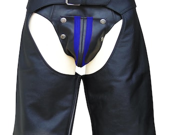 Men's Black Leather Chaps Shorts – Blue Stripe, Zip Leg, Custom Made