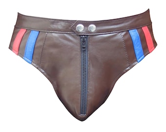Men's Brown Leather Briefs with Red and Blue Stripes