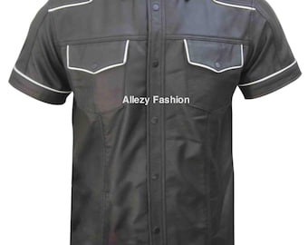 May include: Black short-sleeve shirt with white trim on the collar, epaulets, pockets, and sleeves. The shirt has two chest pockets and a button-down front. The text "Allezzy Fashion" is printed on the shirt.