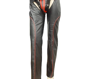 Men’s Leather Chaps in Black with Red Piping- Custom Made to Order BCH002
