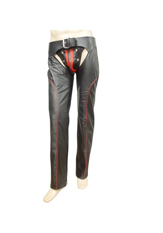 Men’s Leather Chaps in Black with Red Piping- Custom Made to Order BCH002