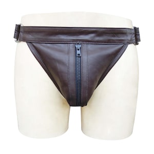 Men&#39;s Brown Leather Jocks Jockstrap with Front Zipper Custom made to Order JO-055
