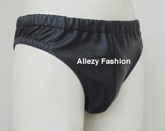 Custom Men's Black Leather Briefs – Handmade Underwear, Fetish Lingerie, Made to Order (JO031)