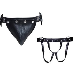 Mens Black Real Leather Jockstrap Gay Leather Jock Strap Genuine Leather Jockstrap with Detachable Pouch - Custom made to order