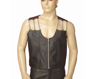 Handmade Black Leather Vest for Men | Custom Chain Vest