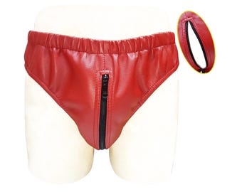 Men's Red Leather Brief/Underwear with full-length zipper - Custom Made To Order (JO-0121)