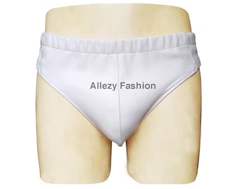May include: White underwear with the text "Allezy Fashion" printed on the front. The underwear has an elastic waistband and a classic brief cut. The garment is displayed on a mannequin.