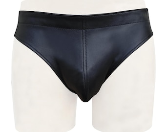 Men's Black Leather Jock Briefs, Back Zip Underwear, Custom Made Plus Size