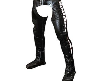 Men’s Leather Chaps in Black with Side Lace-Up - Custom Made to Order GJCH004