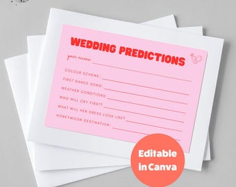 May include: Pink wedding prediction card with the text "WEDDING PREDICTIONS" in red. The card has lines for guests to write their predictions for the wedding, including the color scheme, first dance song, weather conditions, who will cry first, what the bride's dress will look like, and the honeymoon destination.