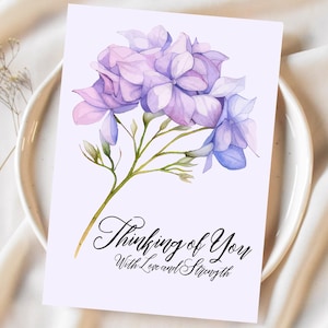 Je pense à vous | Avec amour et force - Conception d'hortensias | Sympathie, encouragement, carte de voeux imprimable