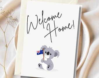 Tarjeta de bienvenida a casa - Australia / Adorable animal con bandera del país - Tarjeta de felicitación imprimible para inmigrantes, expatriados, estudiantes y viajeros