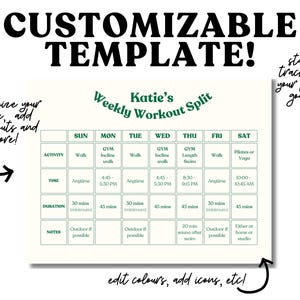Peut inclure: Un modèle de planificateur d'entraînement hebdomadaire personnalisable avec un schéma de couleurs vert et blanc. Le modèle comprend une section pour le jour de la semaine, l'activité, l'heure, la durée et les notes. Le texte "Katie's Weekly Workout Split" est en haut du modèle.