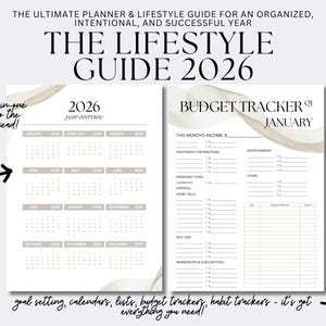Peut inclure: Un planificateur The Lifestyle Guide 2026 avec un aperçu du calendrier et un suivi budgétaire. Le planificateur comprend la définition d'objectifs, des listes et des suivis d'habitudes. Le texte indique "The Ultimate Planner & Lifestyle Guide..."