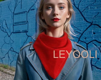 May include: A woman wearing a blue denim jacket with a red bandana around her neck. The bandana has the word "LEYOOLI" printed on it.