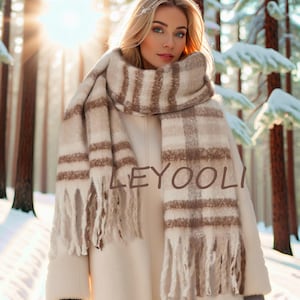 Coffee Check Mohair Scarf | Warm and Cozy Winter Shawl | Classic Fashion Scarf | Hand Knit Fringe Scarf | Thick Long Scarf