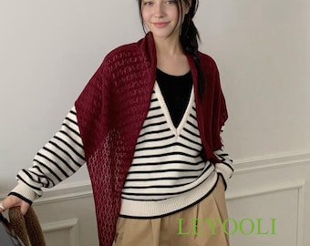 Burgundy Knit Triangle Scarf, Handmade Lace Shawl