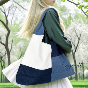 Patchwork Denim Henkeltasche, Große Schultertasche, Color Block Hobo Tasche, Lässige Jeans Handtasche, Handgemachte Canvas Geldbörse, Stylische Alltagstasche
