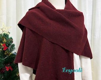 Chal de punto de mezcla de lana burdeos: poncho y bufanda acogedores para el invierno