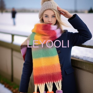 Rainbow Stripe Scarf , Plush color blocking design, thickened warm scarf, colorful fur ball tassel scarf, warm winter accessory