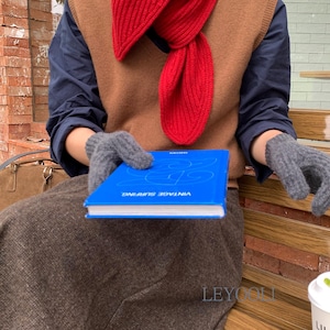 Op de afbeelding: Een felrode sjaal van geribd breiwerk gedragen over een bruin mouwloos vest, een donkerblauw overhemd met kraag en een donkerbruine rok. De outfit bevat grijze gebreide handschoenen en een blauw boek met de tekst VINTAGE SURFING op de kaft.