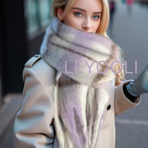 Gentle Purple Plaid Mohair Scarf | Warm Winter Scarves | Tassel Scarves | Stylish Plaid Shawls | Christmas Gifts
