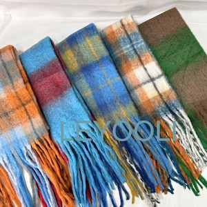 Rainbow plaid scarf, double-sided mohair scarf, winter warm plaid shawl, plaid scarf, fashion tassel scarf, Christmas gift for friends