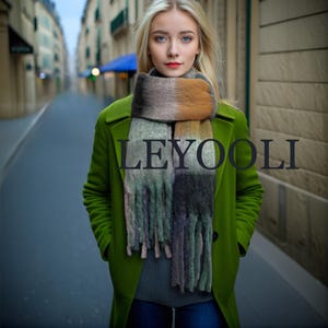 Green khaki plaid scarf, double-sided mohair scarf, winter warm plaid shawl, plaid scarf, fashion tassel scarf, Christmas gift for friends